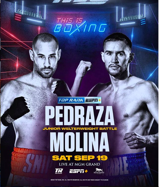 Jose Pedraza meets Javier Molina Sept. 19, in a junior welterweight clash screening on ESPN+.