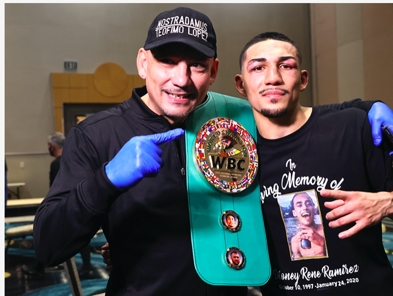 Teofimo "Junior" Lopez and Teofimo Lopez the younger feeling the buzz after the kid beat Lomachenko Oct. 17, 2020.