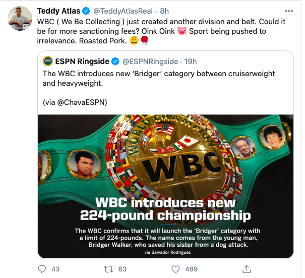 Teddy Atlas is not a fan of the new WBC weight class, Bridgerweight. 