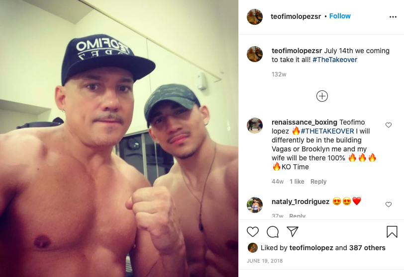 Junior Lopez poses with son Teofimo Lopez before the July 2020 bout for the young lightweight. 