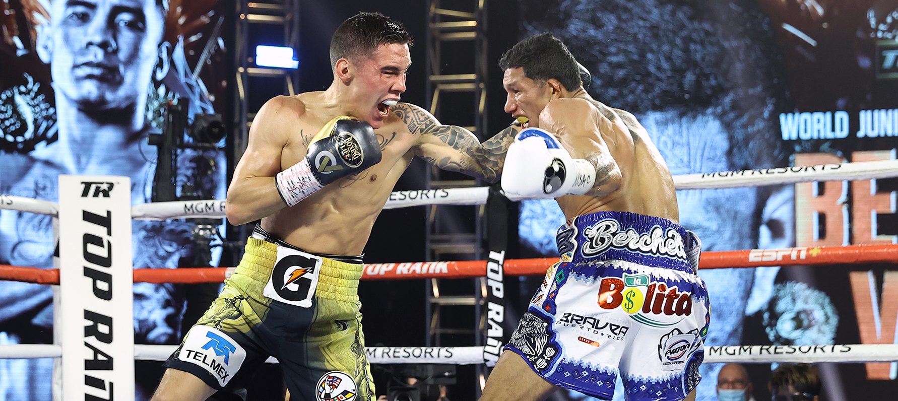 LAS VEGAS, NV - FEBRUARY 20: Miguel Berchelt and Oscar Valdez (left) exchange punches during their fight for the WBC super featherweight title at the MGM Grand Conference Center on February 20, 2021 in Las Vegas, Nevada. (Photo by Mikey Williams/Top Rank Inc via Getty Images)