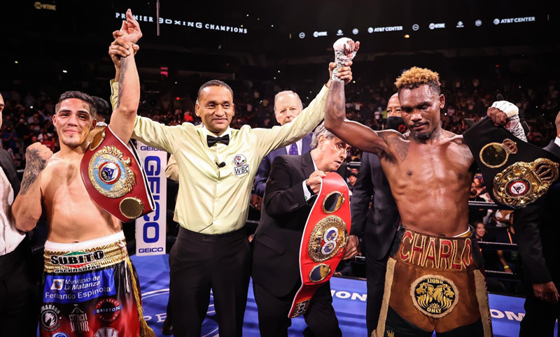 Brian Castano (left) and Jermell Charlo after their first bout, in July of 2021, which resulted in a draw. They will meet in a rematch for the undisputed junior middleweight championship on March 19. (Photo by Amanda Westcott)