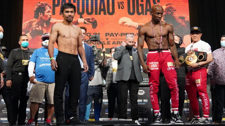 The Manny Pacquiao vs. Yordenis Ugas pay-per-view card weigh-ins are official