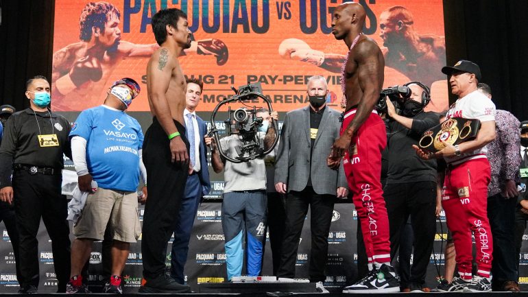 PHOTOS: Manny Pacquiao, Yordenis Ugas make welterweight limit