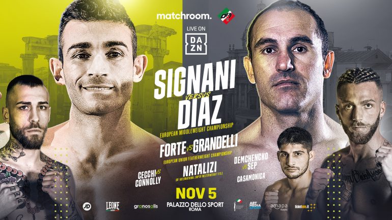 Matteo Signani will defend his EBU European middleweight title against Ruben Diaz
