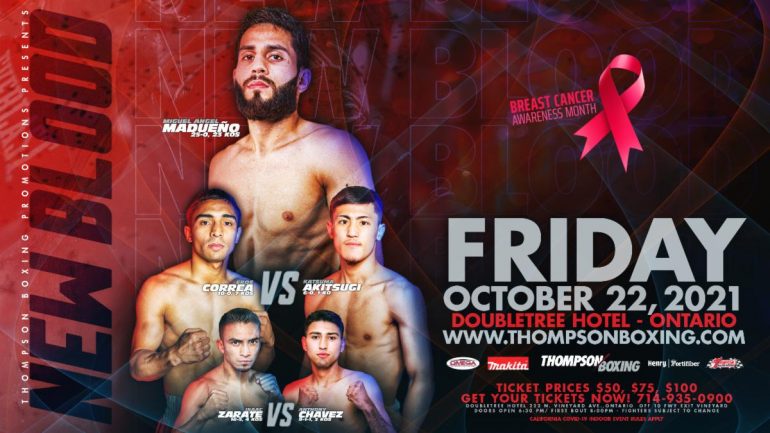 Undefeated 140-pound puncher Miguel Madueno returns in Thompson Boxing headliner Oct. 22