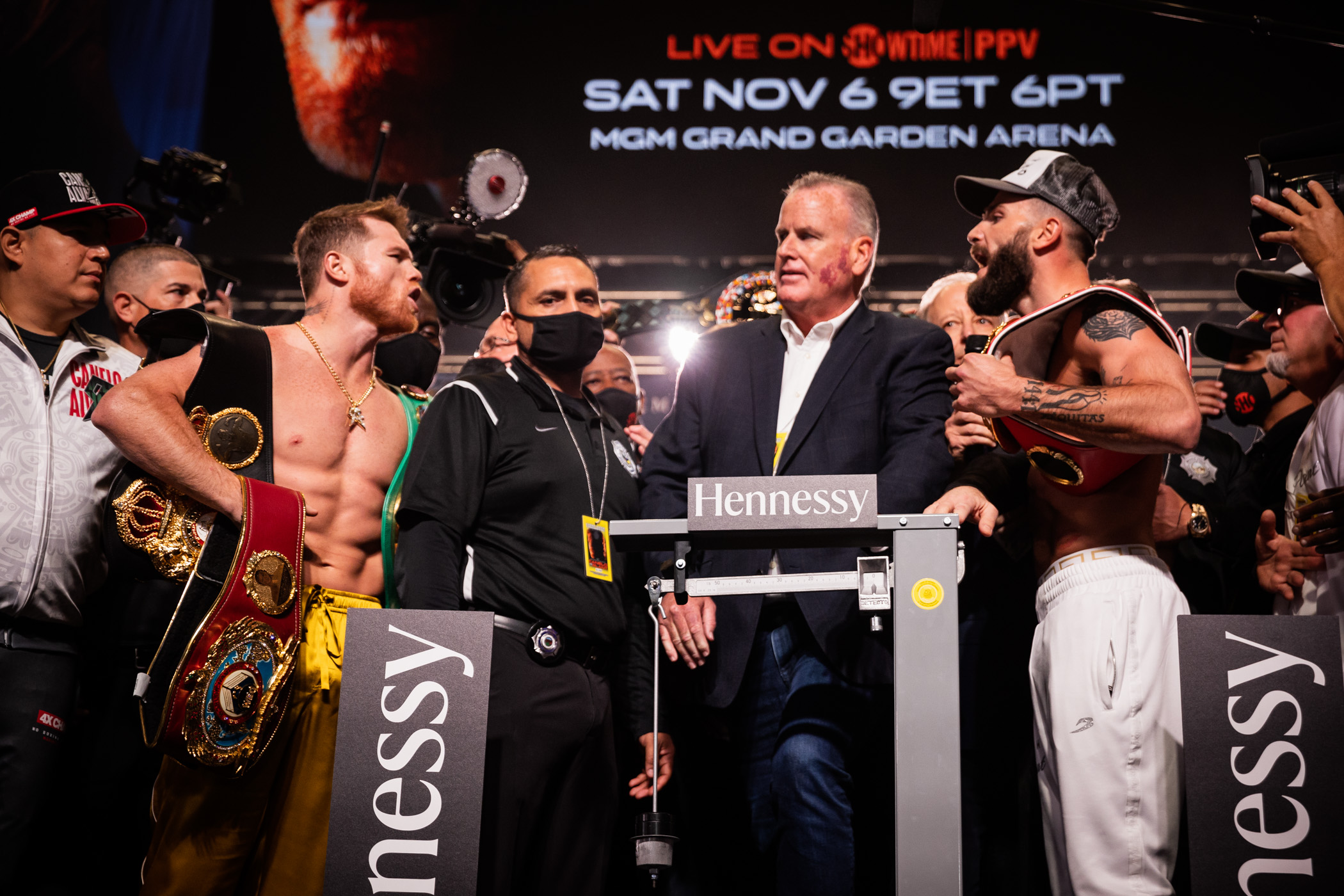 Canelo Alvarez and Caleb Plant keep grudge going during intense public weigh-in