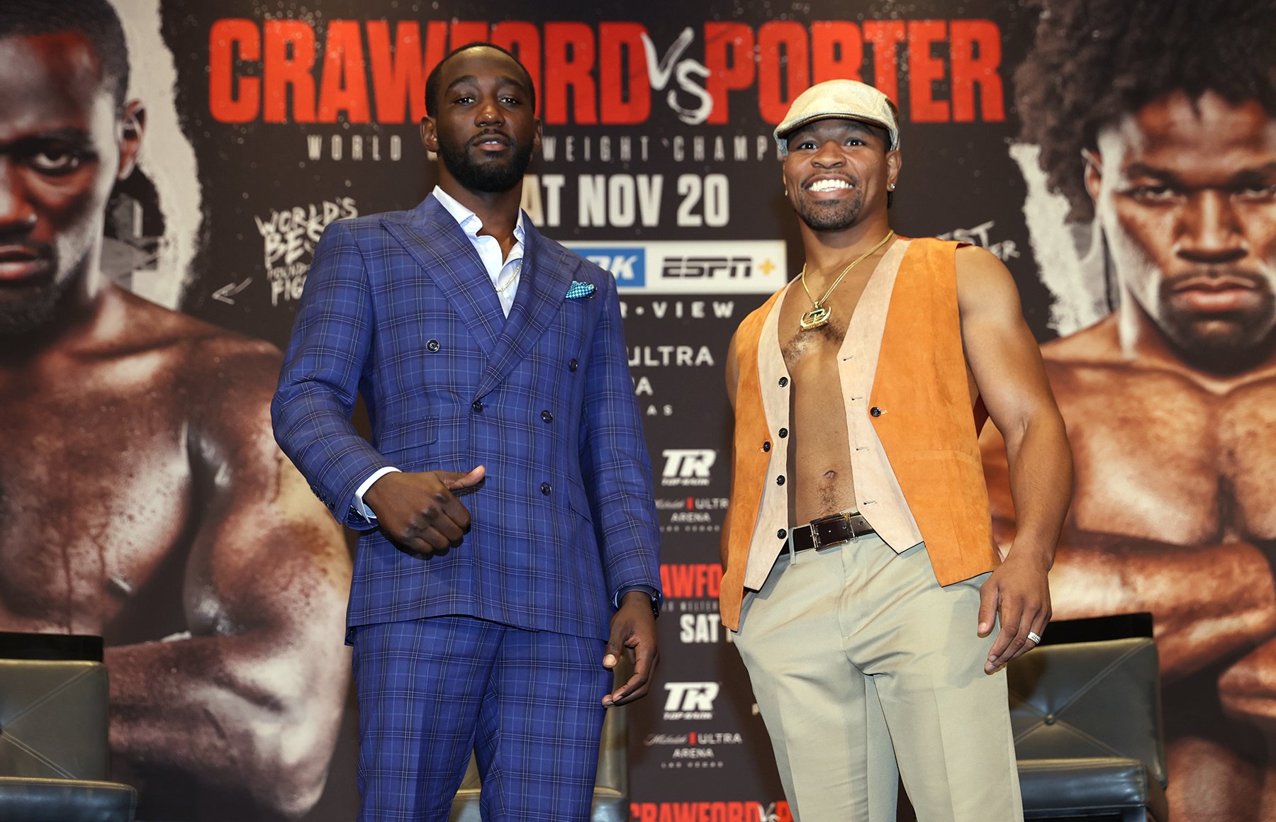Terence Crawford (L) and Shawn Porter (R) pose during the press conference at MGM Grand Casino on October 09, 2021 in Las Vegas, Nevada. (Photo by Mikey Williams/Top Rank Inc via Getty Images)
