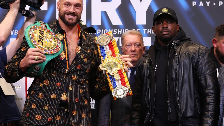Tyson Fury and Dillian Whyte shake hands ahead of heavyweight title fight at Wembley