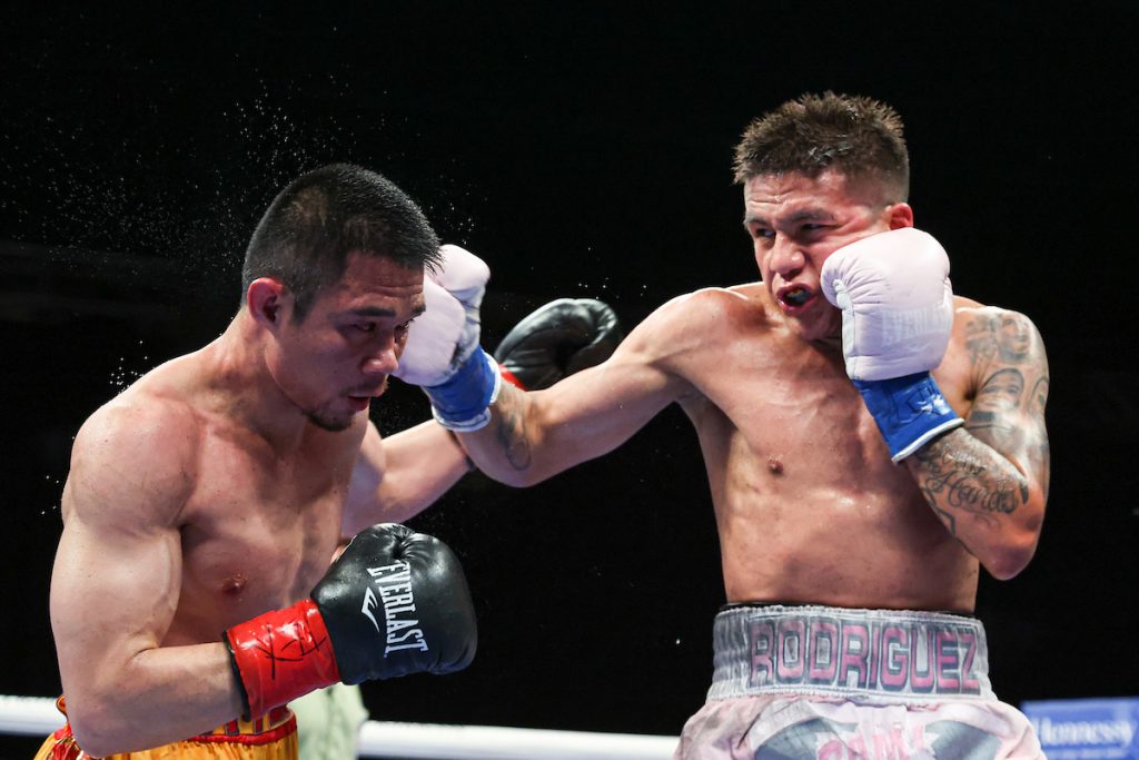 Jesse Rodriguez (right) put the "Bam" on former champ Srisaket Sor Rungvisai during their fight at Tech Port Arena in San Antonio, Texas. Photo by Ed Mulholland/Matchroom