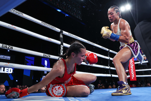 February 4, 2023; New York, NY, USA; Alycia Baumgardner (right) and Elhem Mekhaled during their undisputed world junior lightweight championship bout, at the Hulu Theater, at Madison Square Garden, in New York, New York. Mandatory photo credit: Ed Mulholland/Matchroom Boxing