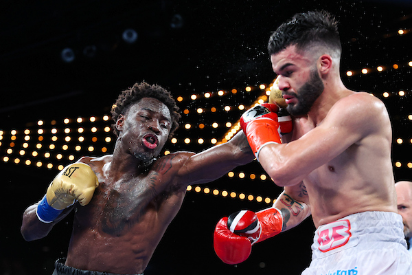 February 04, 2023; New York, NY, USA; Richardson Hitchins (left) and John Bauza during their IBF North American junior welterweight title bout, at the Hulu Theater, at Madison Square Garden, in New York, New York. Mandatory photo credit: Ed Mulholland/Matchroom Boxing