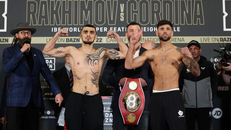 Shavkatdzhon Rakhimov and Joe Cordina make weight for junior lightweight title contest