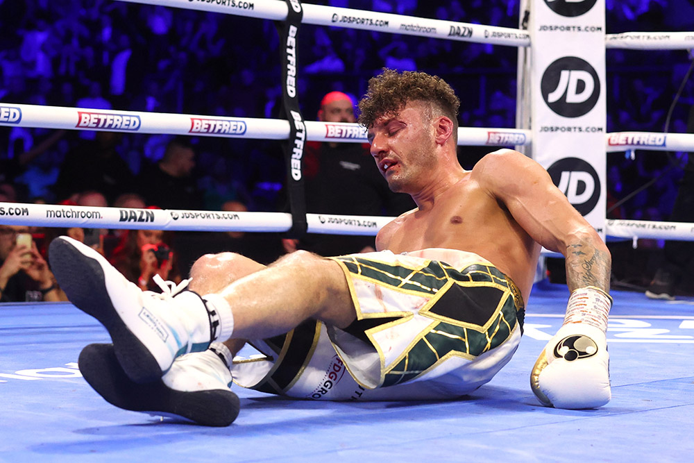 Leigh Wood (pictured) reacts after being stopped, in the seventh round, by Mauricio Lara during their WBA featherweight title bout, at Nottingham Arena, on February 18, 2023, in Nottingham, England. (Photo by Marc Atkins/Getty Images)